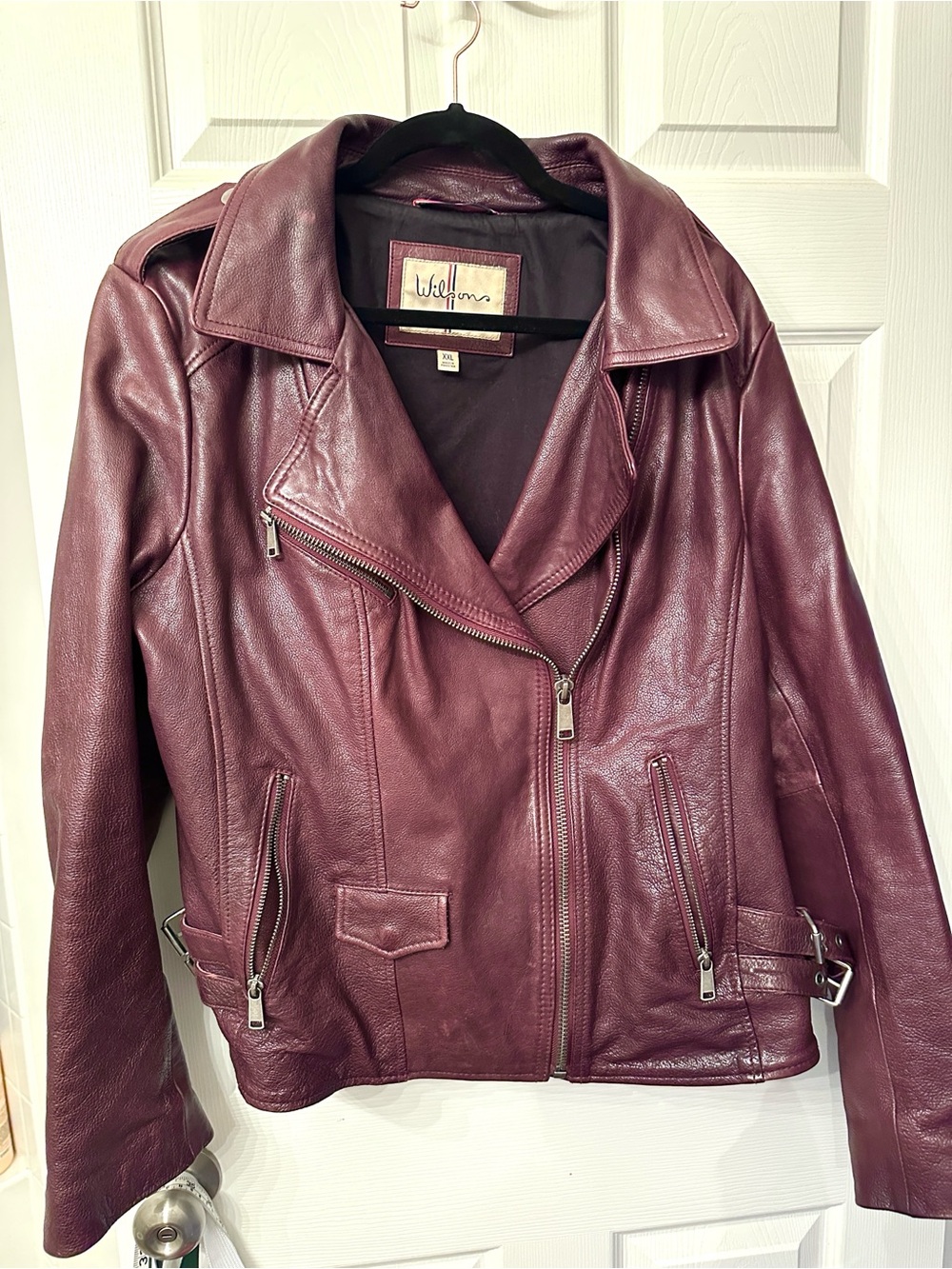 Wilsons Leather Asymmetric Biker Moto Jacket Burgundy Wine XXL Double Buckle